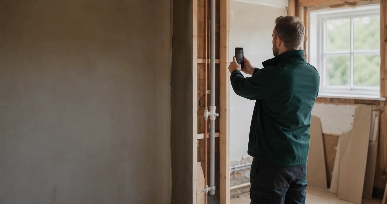 A field professional documenting evidence with an iPhone during a property inspection